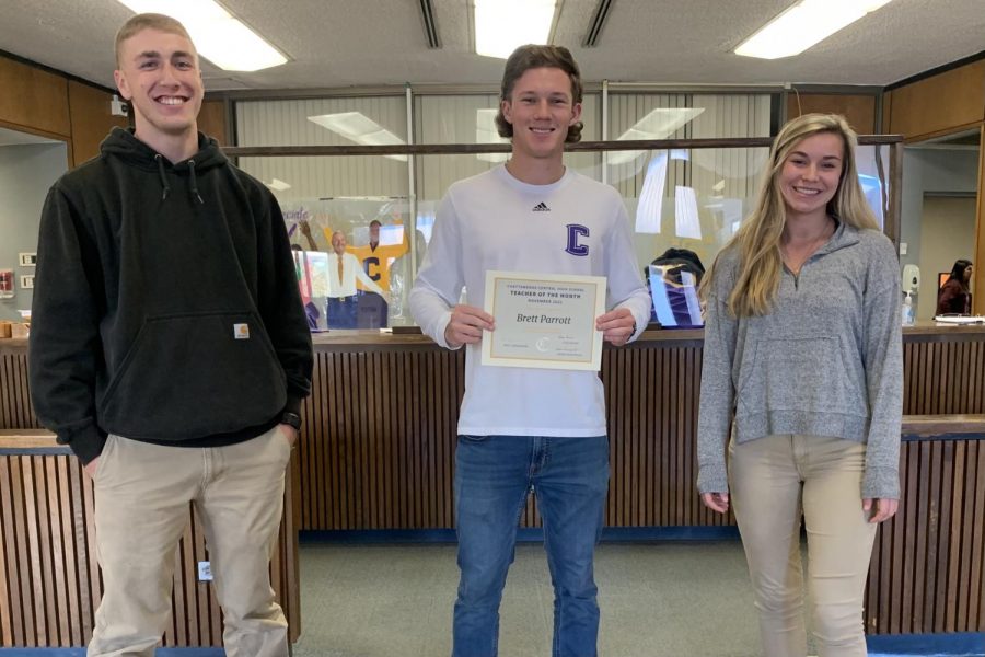 BRETT PARROTT IS NOVEMBERS TEACHER OF THE MONTH -- Luke Keown and Amber Burchfield awarding Mr.Parrott with the Teacher of the Month certificate. 