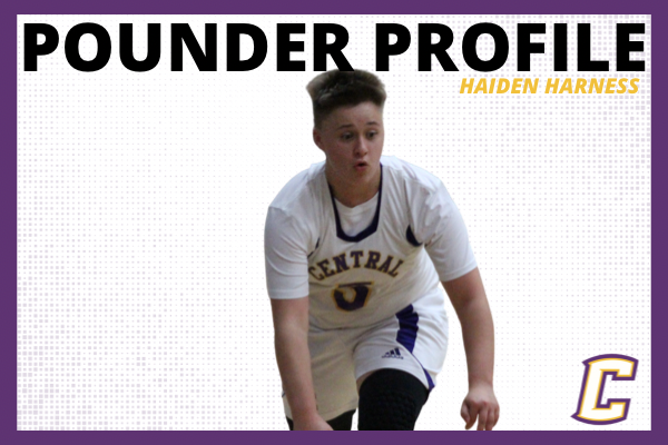 POUNDER PROFILE: GIRLS BASKETBALL PLAYER HAIDEN HARNESS -- Harness pictured in a graphic designed by Karleigh Schwarzl.