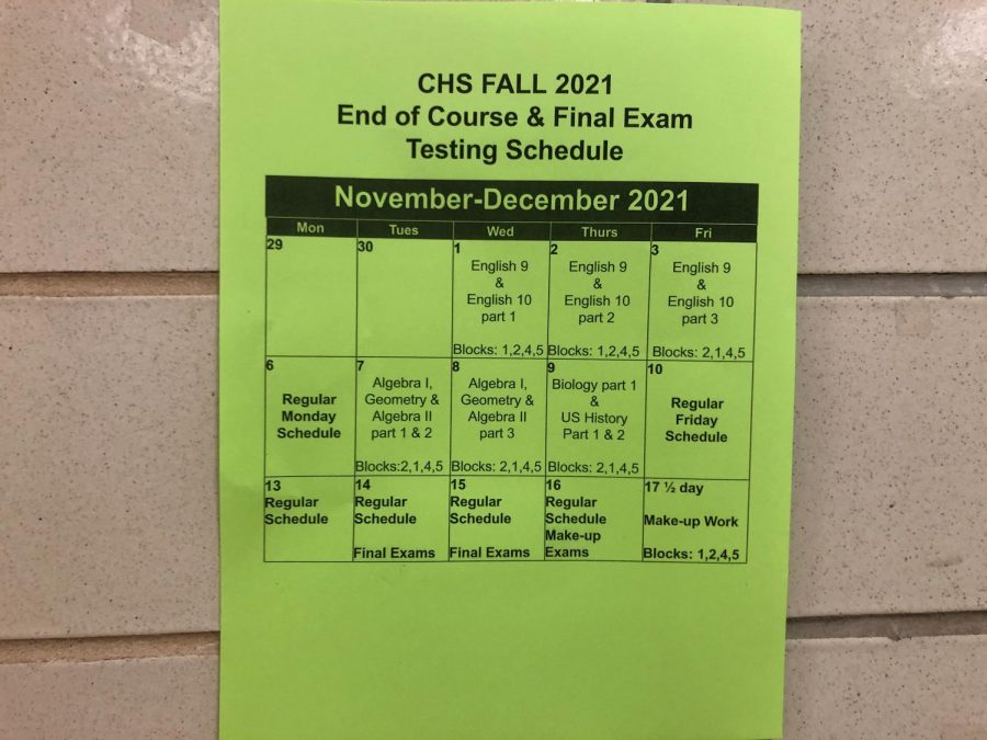 MIDWAY THROUGH EOC TESTING, POUNDERS FINISH SEMESTER ON TESTING SCHEDULE -- The Fall EOC schedule is posted in the hallway for students.