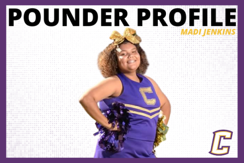 POUNDER PROFILE: SENIOR CHEER CAPTAIN MADISON JENKINS -- A graphic designed by Karleigh Schwarzl. 
