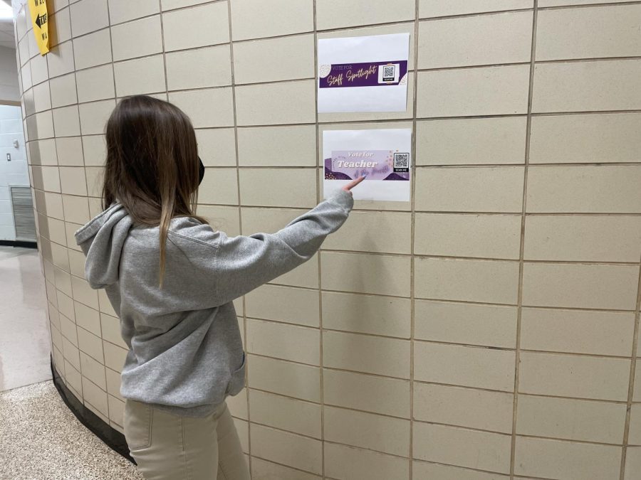 POSITIVITY CLUB INTRODUCES NEW SYSTEM FOR TEACHER OF THE MONTH VOTING -- These are the posters you will find around the school with a QR code to scan to vote for Teacher of the Month. 