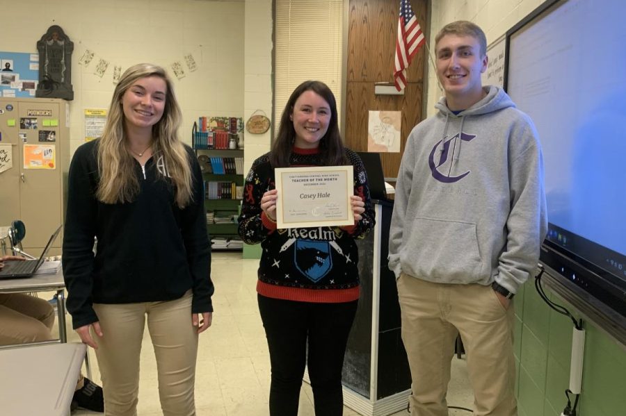 CASEY HALE IS DECEMBER TEACHER OF THE MONTH- Luke Keown and Amber Burchfield awarding Ms. Hale with the Teacher of the Month certificate 