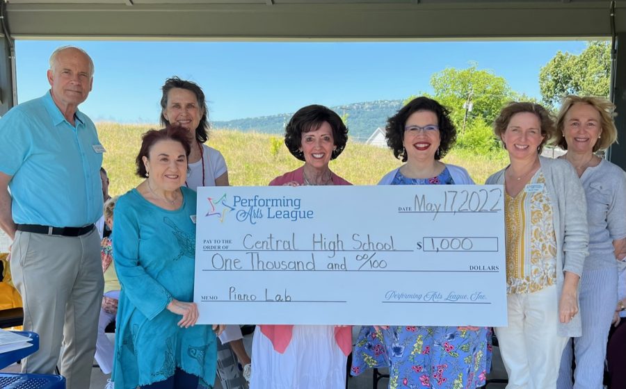 THE PERFORMING ARTS LEAGUE DONATES $1,000 TO THE PIANO LAB- Centrals piano lab teacher, Mrs. Latham, being presented with the $1,000 donation from the Performing Arts League.