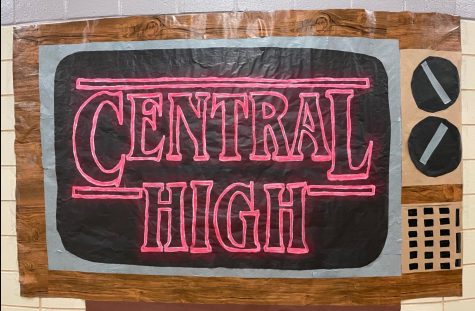 CENTRALS POSITIVITY CLUB ADDS TV THEMED DECORATIONS TO CLASSROOM PODS -- Centrals Positivity Club designs Netflix show, Stranger Things, inspired TV for the front of C-Pod.  